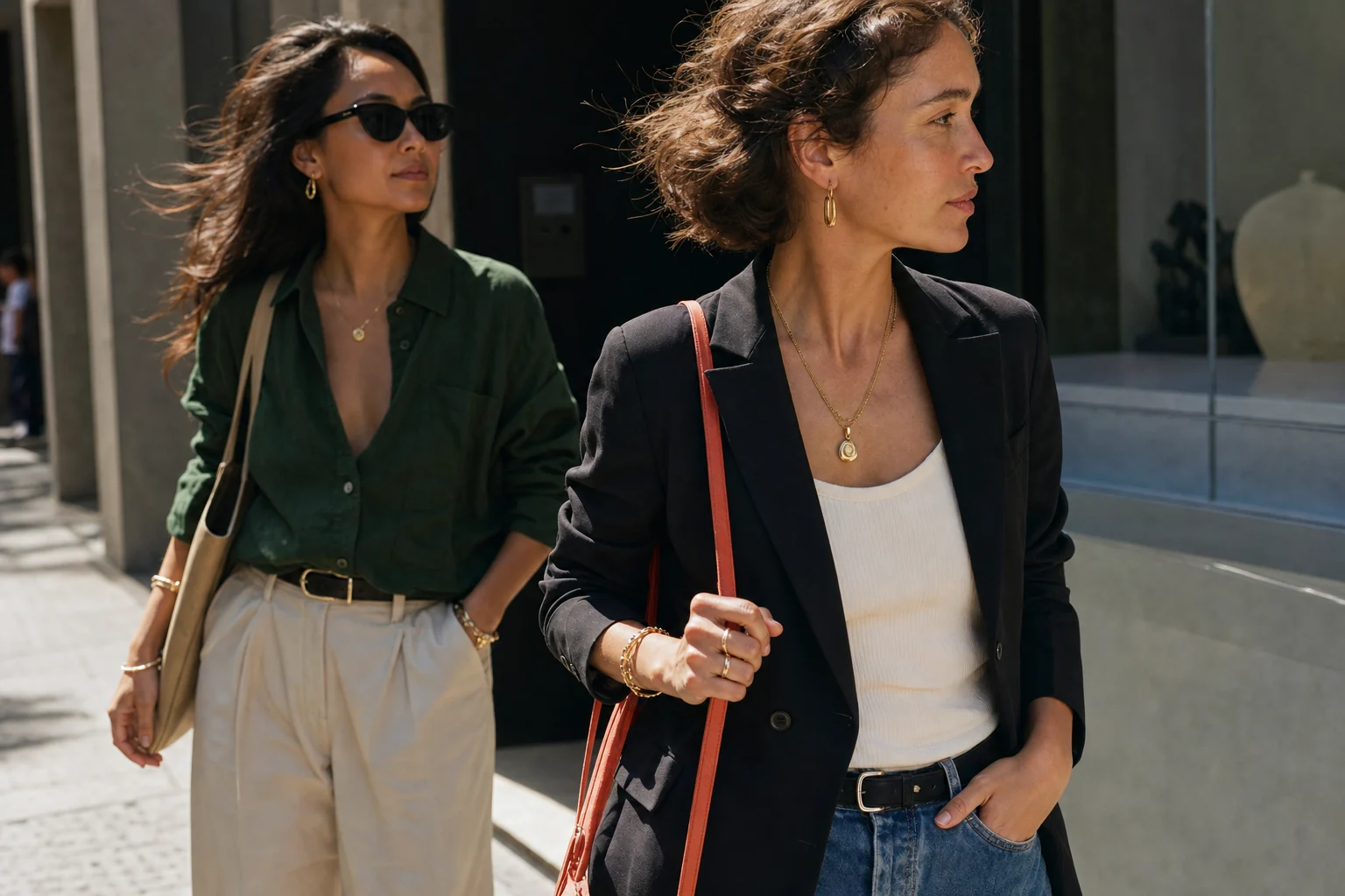 Friends wearing contemporary jewellery in a gallery district