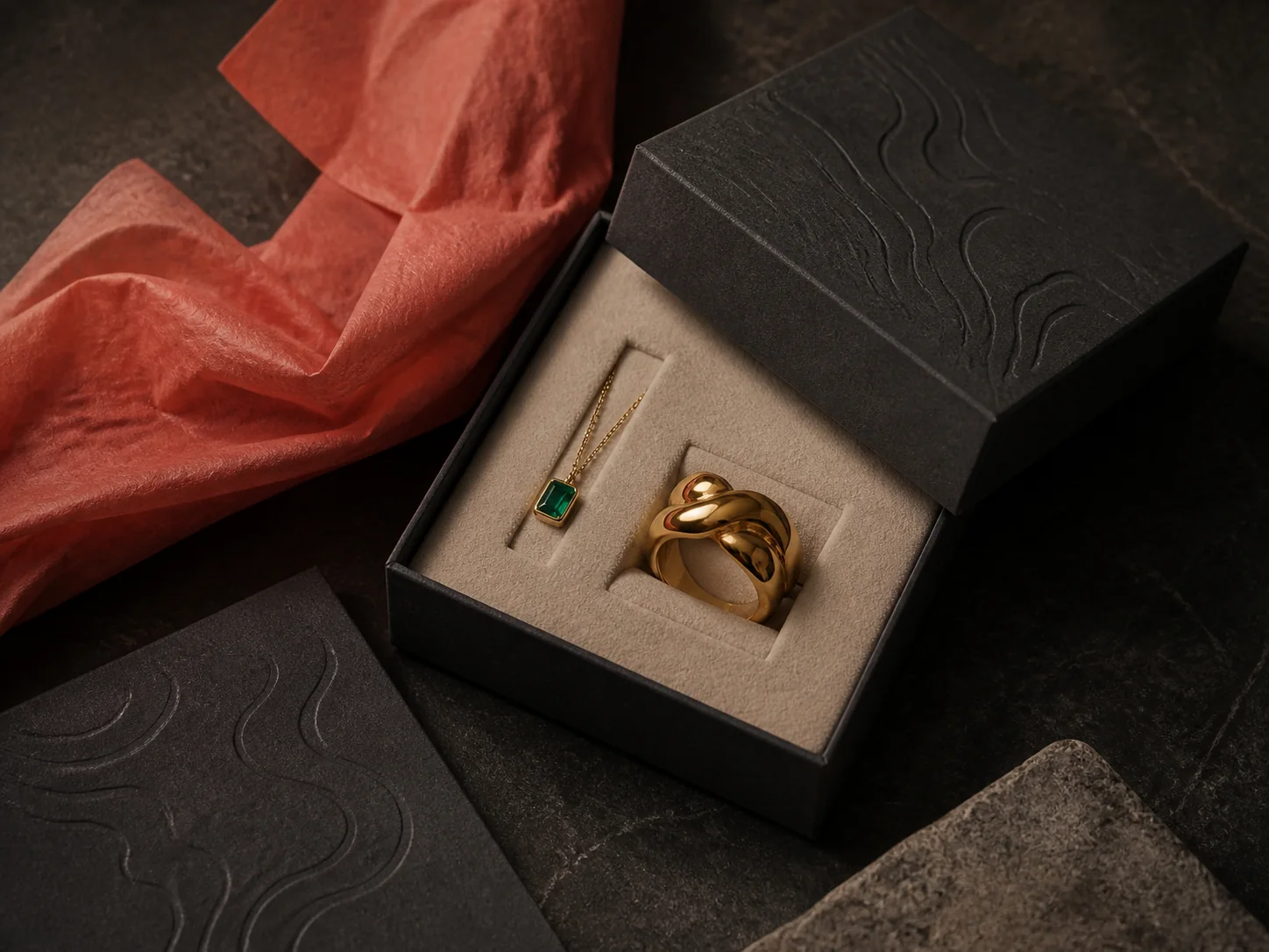 NARA-inspired jewellery packaging still life