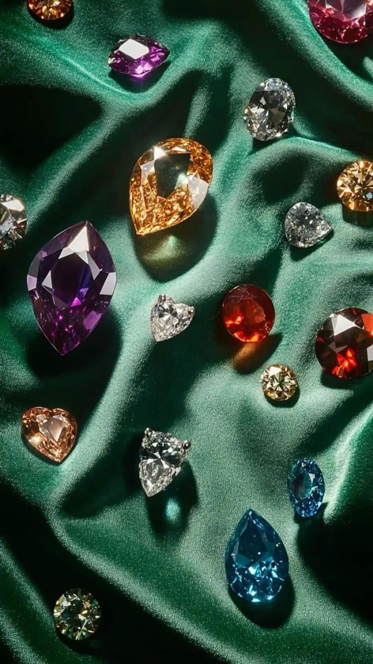 Unique gemstones arranged on green fabric